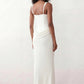 Women's Justina basque waist corset maxi dress featuring a structured boned bodice, square neckline, adjustable wide straps, ruched hip draping, side split, and a fitted floor-length silhouette for elegant evening and occasion wear.