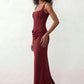 Women's Justina basque waist corset maxi dress featuring a structured boned bodice, square neckline, adjustable wide straps, ruched hip draping, side split, and a fitted floor-length silhouette for elegant evening and occasion wear.