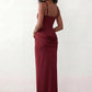 Women's Justina basque waist corset maxi dress featuring a structured boned bodice, square neckline, adjustable wide straps, ruched hip draping, side split, and a fitted floor-length silhouette for elegant evening and occasion wear.