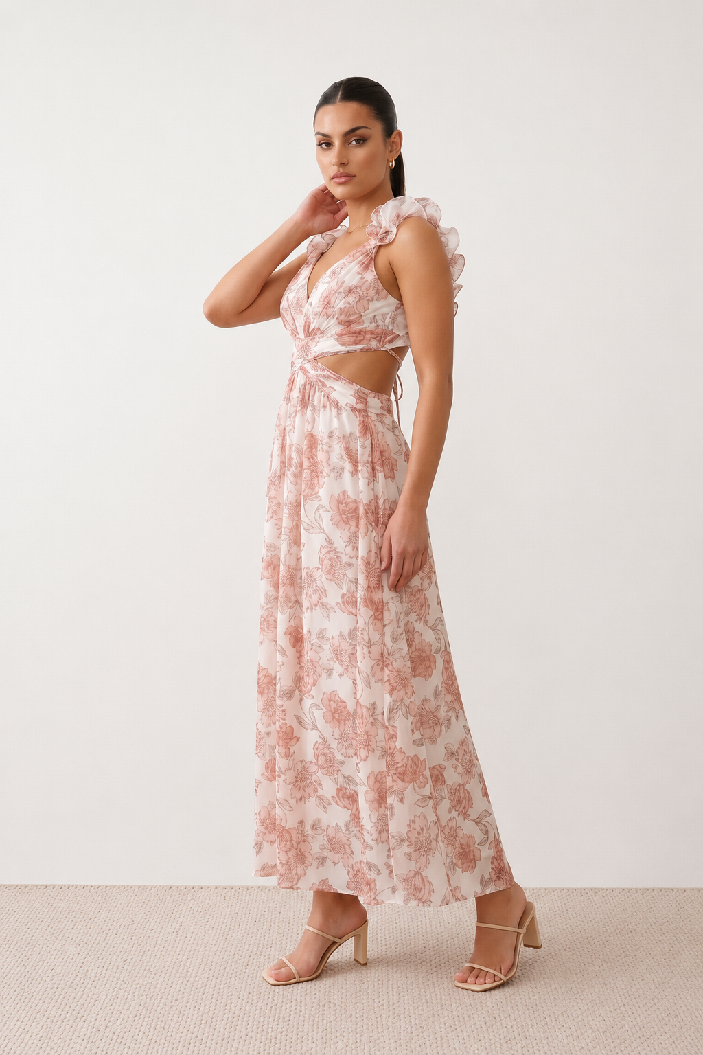 Woman wearing the Giedre Lace-Up A-Line Midi Dress featuring a deep V-neckline, ruffle shoulder sleeves, side waist cut-outs, adjustable lace-up open back and a flowing A-line midi skirt, ideal for weddings, race days and special occasions.
