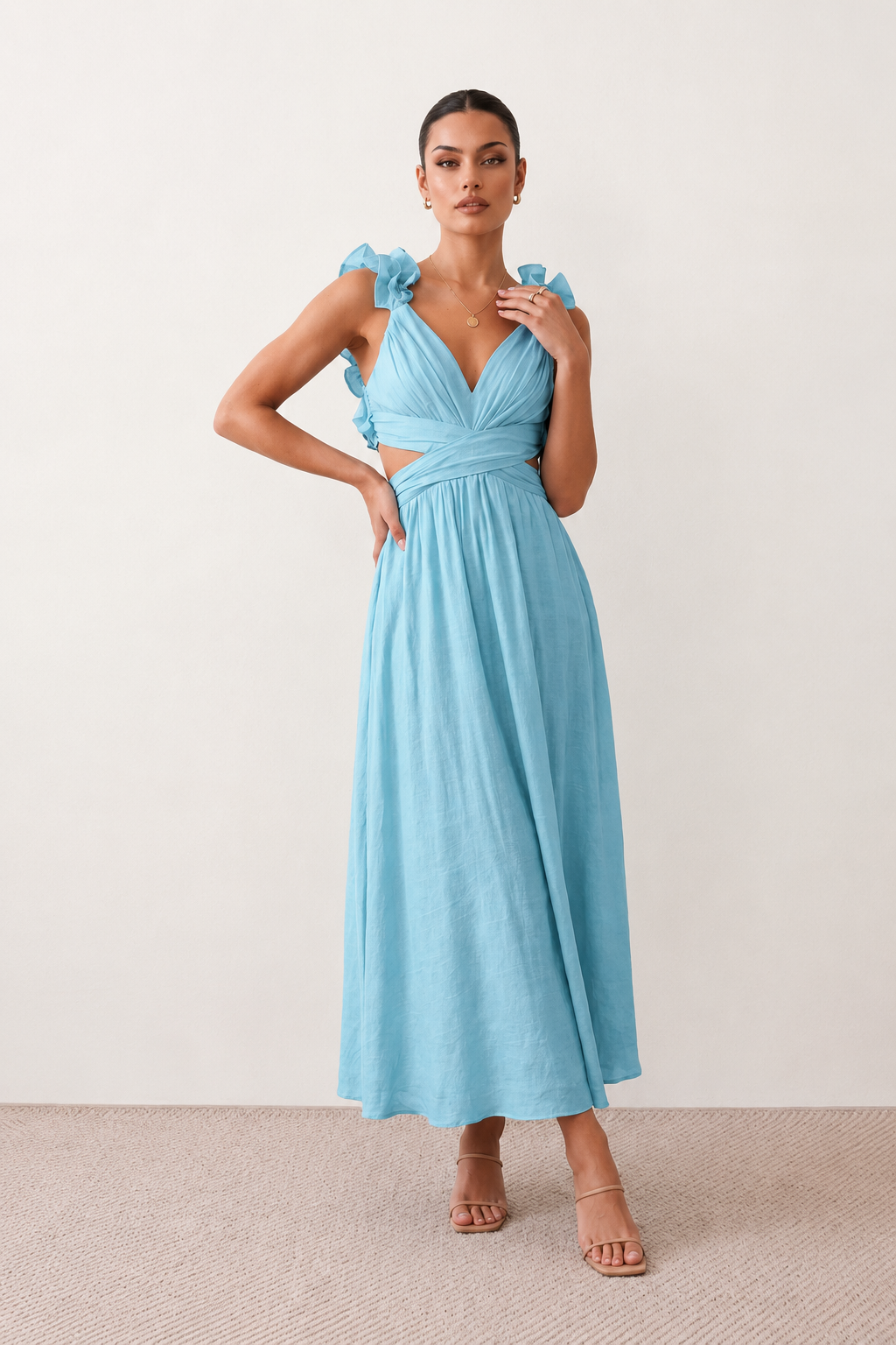 Woman wearing the Giedre Lace-Up A-Line Midi Dress featuring a deep V-neckline, ruffle shoulder sleeves, side waist cut-outs, adjustable lace-up open back and a flowing A-line midi skirt, ideal for weddings, race days and special occasions.