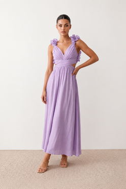 Woman wearing the Giedre Lace-Up A-Line Midi Dress featuring a deep V-neckline, ruffle shoulder sleeves, side waist cut-outs, adjustable lace-up open back and a flowing A-line midi skirt, ideal for weddings, race days and special occasions.
