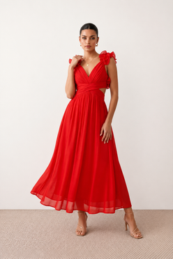 Woman wearing the Giedre Lace-Up A-Line Midi Dress featuring a deep V-neckline, ruffle shoulder sleeves, side waist cut-outs, adjustable lace-up open back and a flowing A-line midi skirt, ideal for weddings, race days and special occasions.