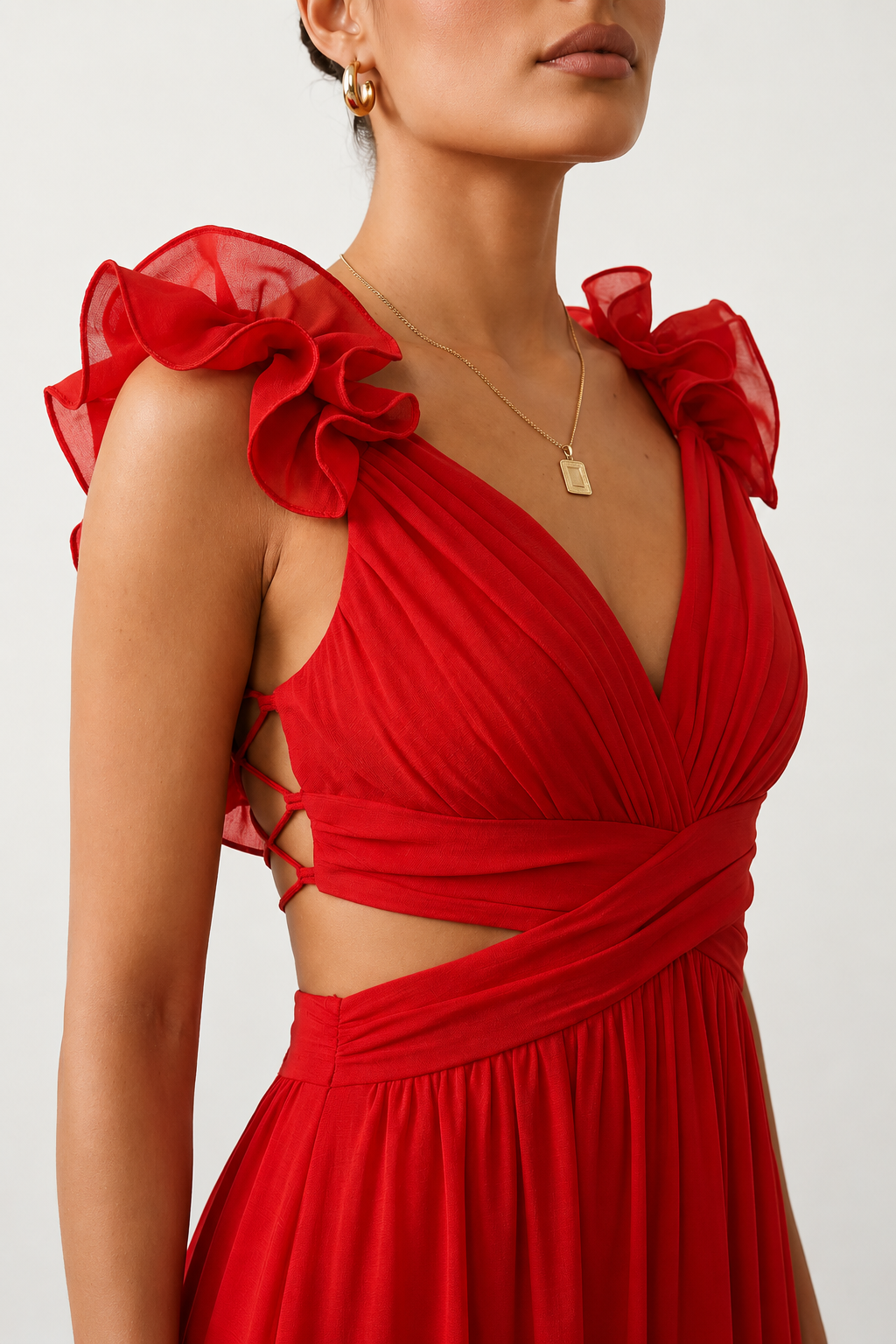 Woman wearing the Giedre Lace-Up A-Line Midi Dress featuring a deep V-neckline, ruffle shoulder sleeves, side waist cut-outs, adjustable lace-up open back and a flowing A-line midi skirt, ideal for weddings, race days and special occasions.