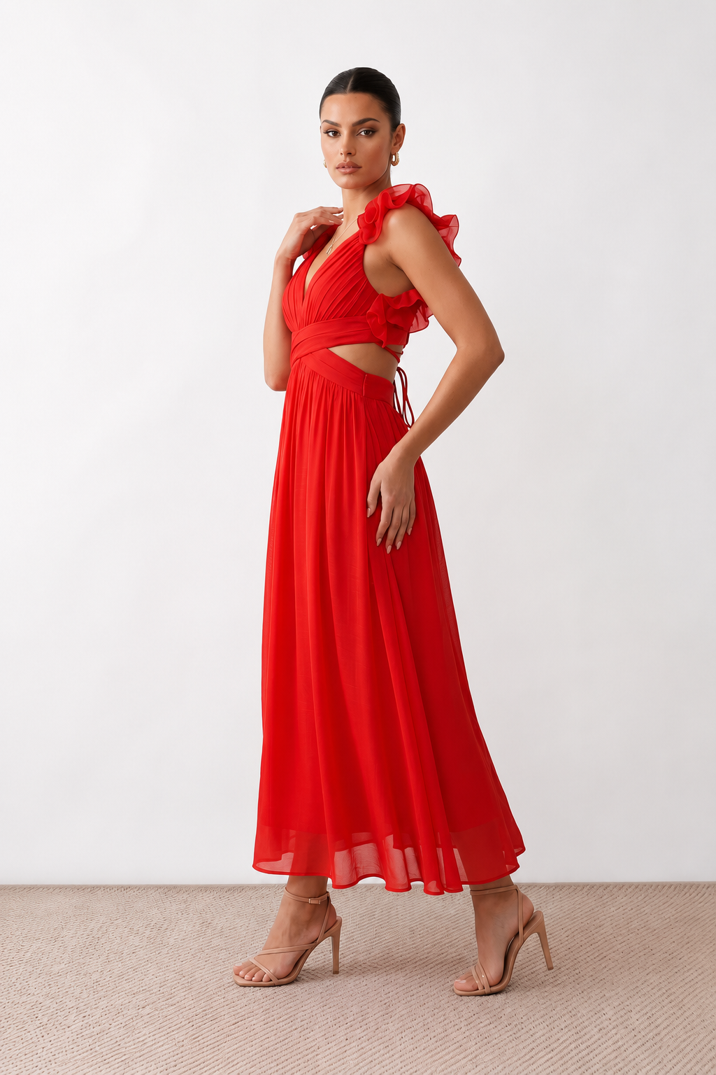 Woman wearing the Giedre Lace-Up A-Line Midi Dress featuring a deep V-neckline, ruffle shoulder sleeves, side waist cut-outs, adjustable lace-up open back and a flowing A-line midi skirt, ideal for weddings, race days and special occasions.