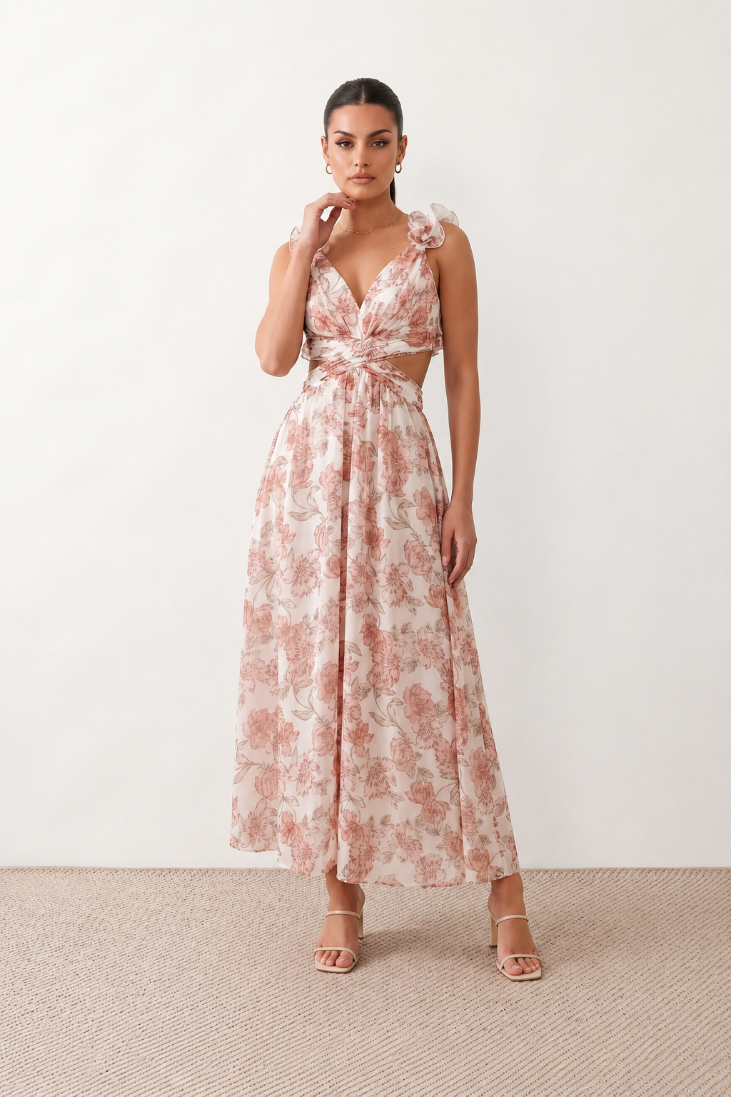 Woman wearing the Giedre Lace-Up A-Line Midi Dress featuring a deep V-neckline, ruffle shoulder sleeves, side waist cut-outs, adjustable lace-up open back and a flowing A-line midi skirt, ideal for weddings, race days and special occasions.