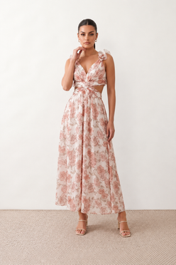 Woman wearing the Giedre Lace-Up A-Line Midi Dress featuring a deep V-neckline, ruffle shoulder sleeves, side waist cut-outs, adjustable lace-up open back and a flowing A-line midi skirt, ideal for weddings, race days and special occasions.
