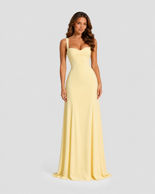 Women's chiffon maxi dress with sweetheart neckline, pleated underwired cups, fitted bodice, lace-up back, and flowing flared skirt for formal occasions.