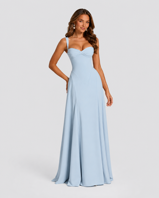 Women's chiffon maxi dress with sweetheart neckline, pleated underwired cups, fitted bodice, lace-up back, and flowing flared skirt for formal occasions.