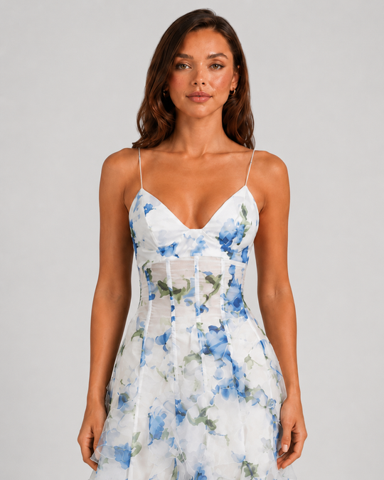 Women's floral ruffle maxi dress with corset-inspired bodice, adjustable straps, and flowing layered chiffon-look skirt in a feminine occasionwear silhouette.