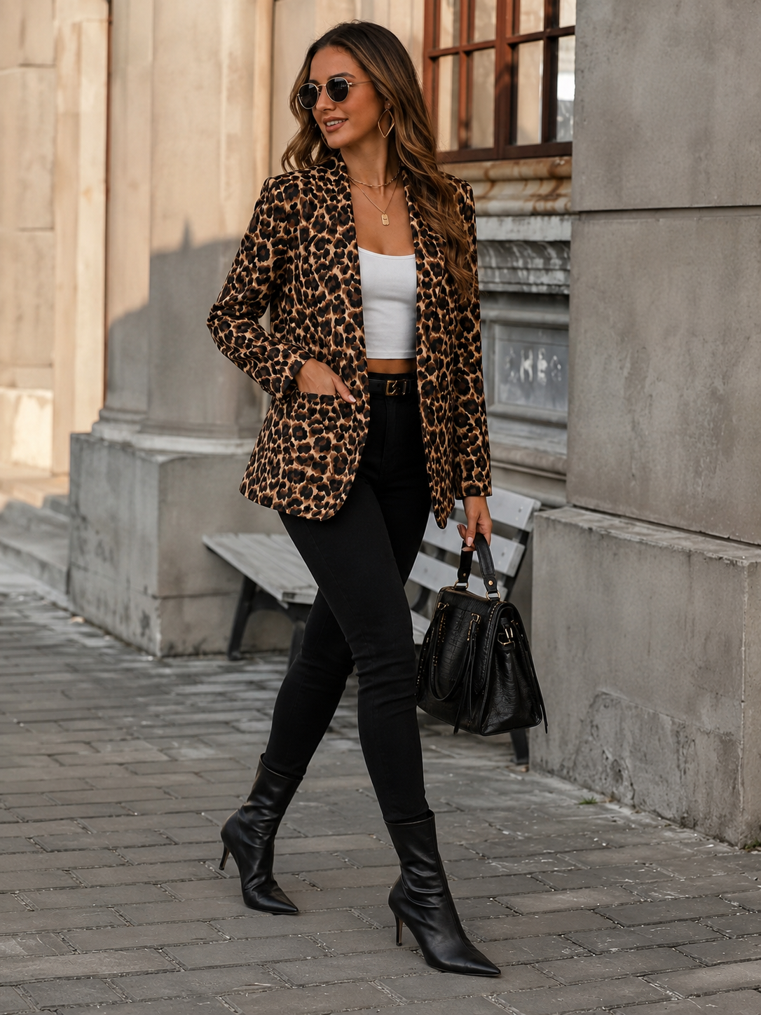 Women’s Leopard Print Blazer with Lapel Collar