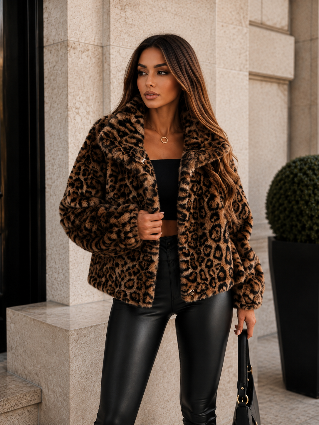 Women’s Leopard Print Faux Fur Cropped Jacket for Winter & Statement Casual Wear