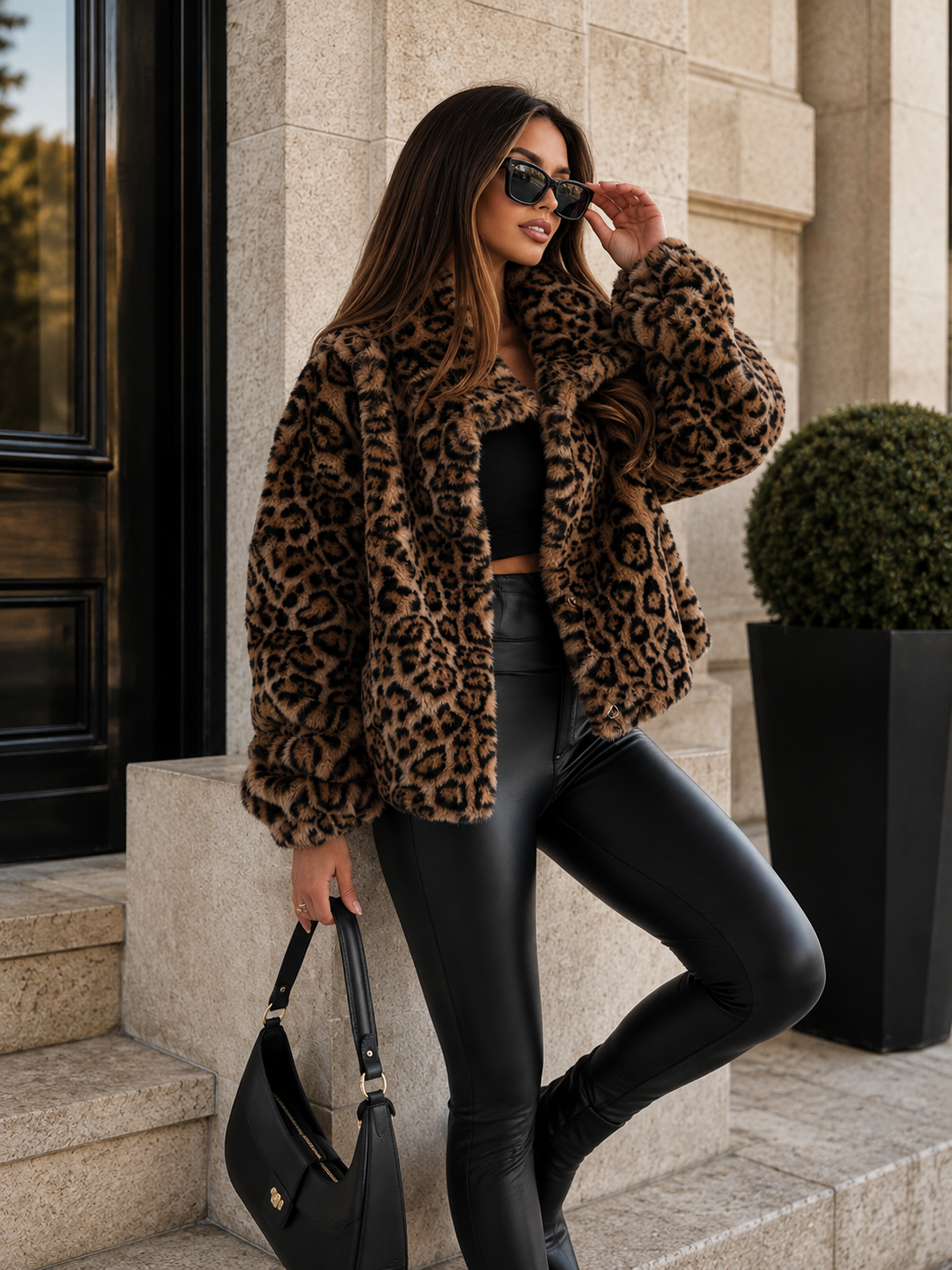 Women’s Leopard Print Faux Fur Cropped Jacket for Winter & Statement Casual Wear