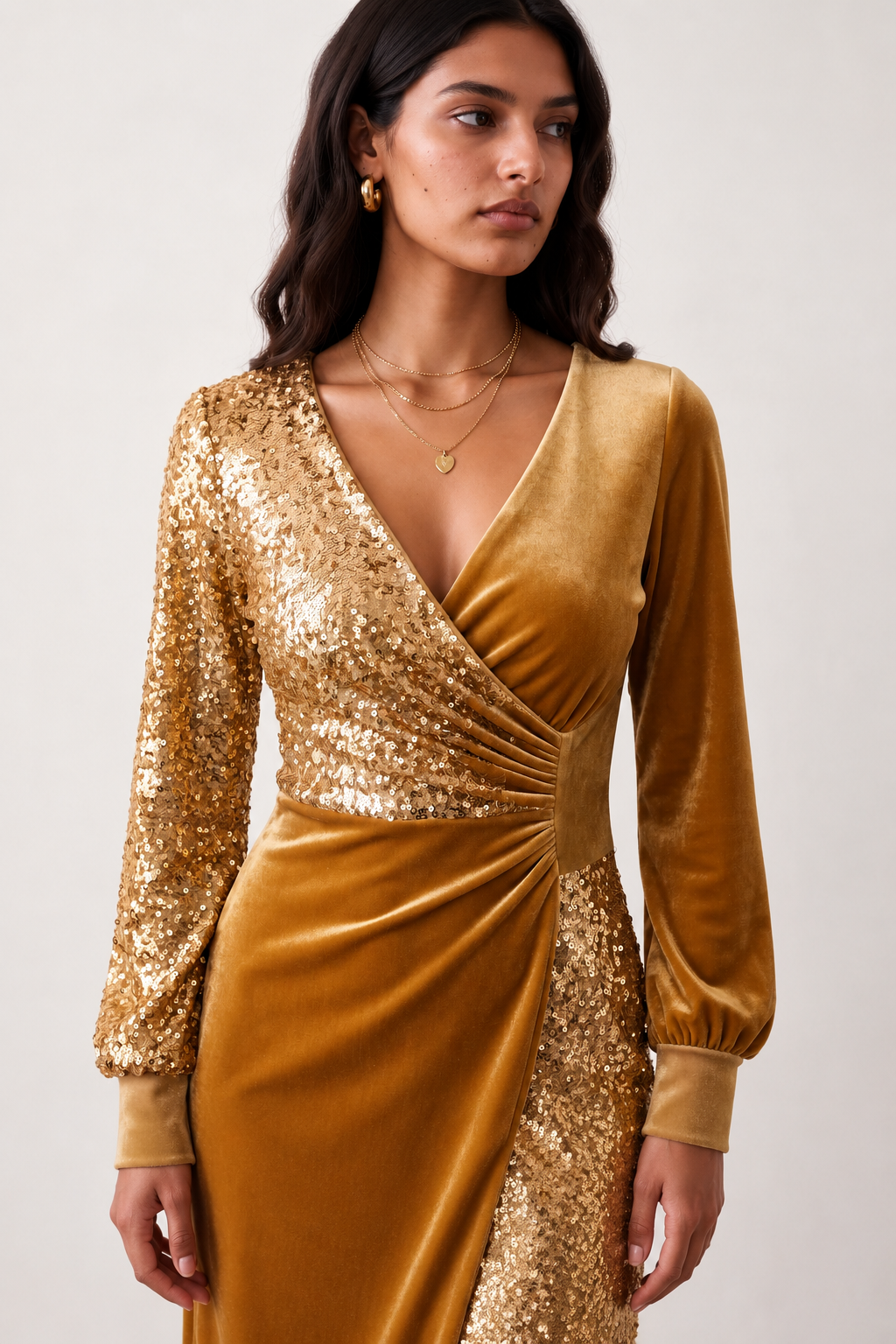 Women's Lidija sequined ruched mini dress with a wrap-style V-neckline, long sleeves, fitted silhouette, front ruching, asymmetric hem, and subtle front slit, ideal for parties, cocktail events, and festive occasions.