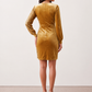 Women's Lidija sequined ruched mini dress with a wrap-style V-neckline, long sleeves, fitted silhouette, front ruching, asymmetric hem, and subtle front slit, ideal for parties, cocktail events, and festive occasions.