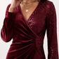 Women's Lidija sequined ruched mini dress with a wrap-style V-neckline, long sleeves, fitted silhouette, front ruching, asymmetric hem, and subtle front slit, ideal for parties, cocktail events, and festive occasions.
