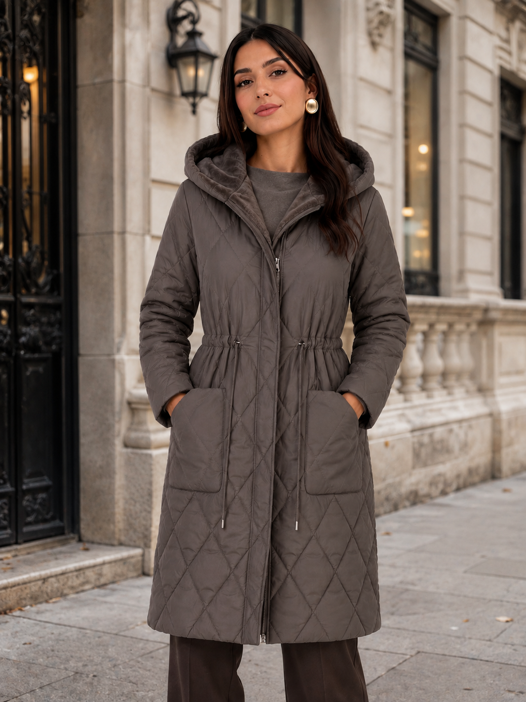 Women’s Long Quilted Puffer Coat with Faux Fur Collar for Winter & Cold Weather Wear