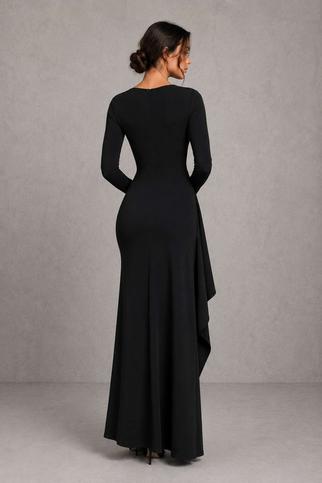 Women’s long sleeve stretch crepe maxi dress featuring a pleated waist, flared cuffs, fitted silhouette, and draped thigh-high split for evening and formal occasions.