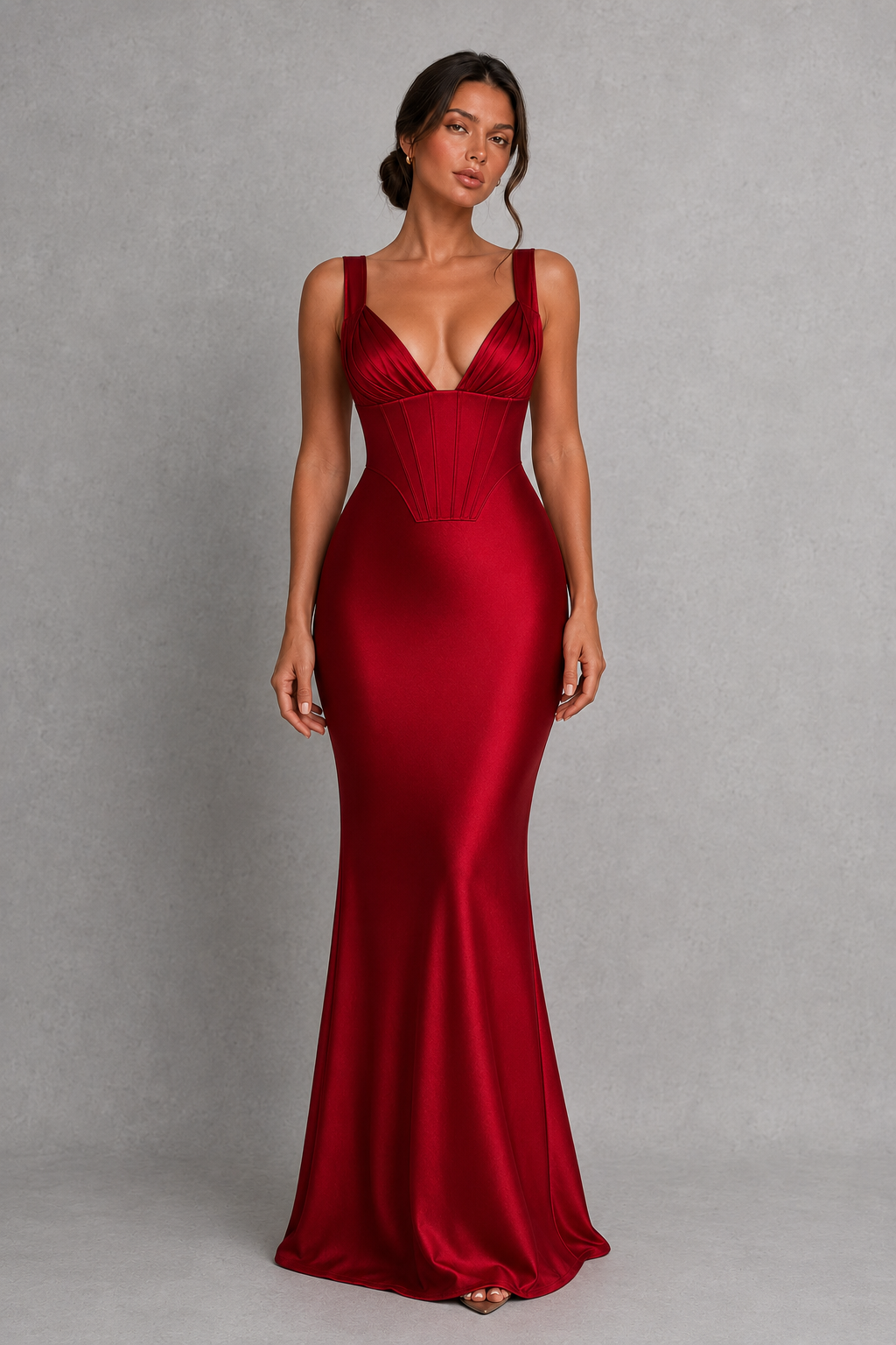 Women's satin maxi dress with a structured corset bodice, pleated cups, fan-shaped shoulder straps, adjustable lace-up back, and a flowing bias-cut skirt, designed for elegant evening occasions and formal events.