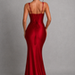 Women's satin maxi dress with a structured corset bodice, pleated cups, fan-shaped shoulder straps, adjustable lace-up back, and a flowing bias-cut skirt, designed for elegant evening occasions and formal events.