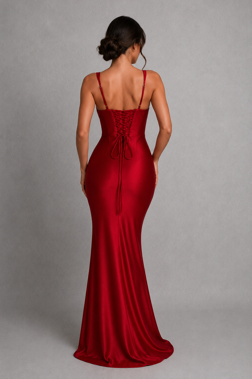 Women's satin maxi dress with a structured corset bodice, pleated cups, fan-shaped shoulder straps, adjustable lace-up back, and a flowing bias-cut skirt, designed for elegant evening occasions and formal events.