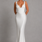Women's satin maxi dress with a structured corset bodice, pleated cups, fan-shaped shoulder straps, adjustable lace-up back, and a flowing bias-cut skirt, designed for elegant evening occasions and formal events.
