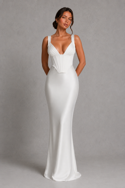 Women's satin maxi dress with a structured corset bodice, pleated cups, fan-shaped shoulder straps, adjustable lace-up back, and a flowing bias-cut skirt, designed for elegant evening occasions and formal events.
