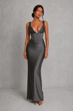 Women's satin maxi dress with a structured corset bodice, pleated cups, fan-shaped shoulder straps, adjustable lace-up back, and a flowing bias-cut skirt, designed for elegant evening occasions and formal events.