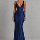 Women's satin maxi dress with a structured corset bodice, pleated cups, fan-shaped shoulder straps, adjustable lace-up back, and a flowing bias-cut skirt, designed for elegant evening occasions and formal events.