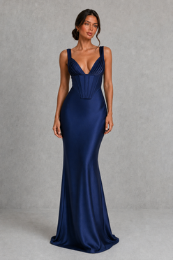Women's satin maxi dress with a structured corset bodice, pleated cups, fan-shaped shoulder straps, adjustable lace-up back, and a flowing bias-cut skirt, designed for elegant evening occasions and formal events.