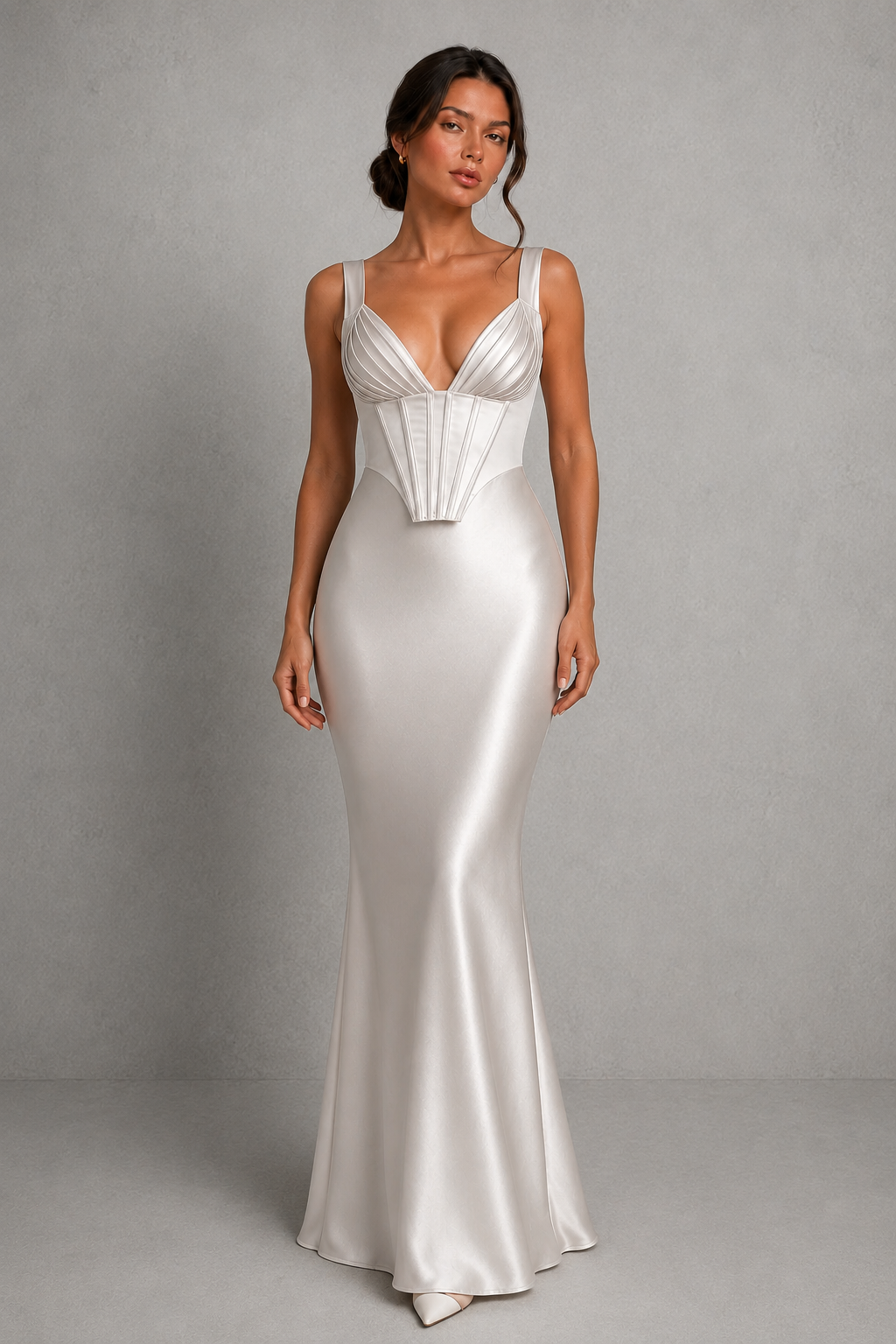 Women's satin maxi dress with a structured corset bodice, pleated cups, fan-shaped shoulder straps, adjustable lace-up back, and a flowing bias-cut skirt, designed for elegant evening occasions and formal events.
