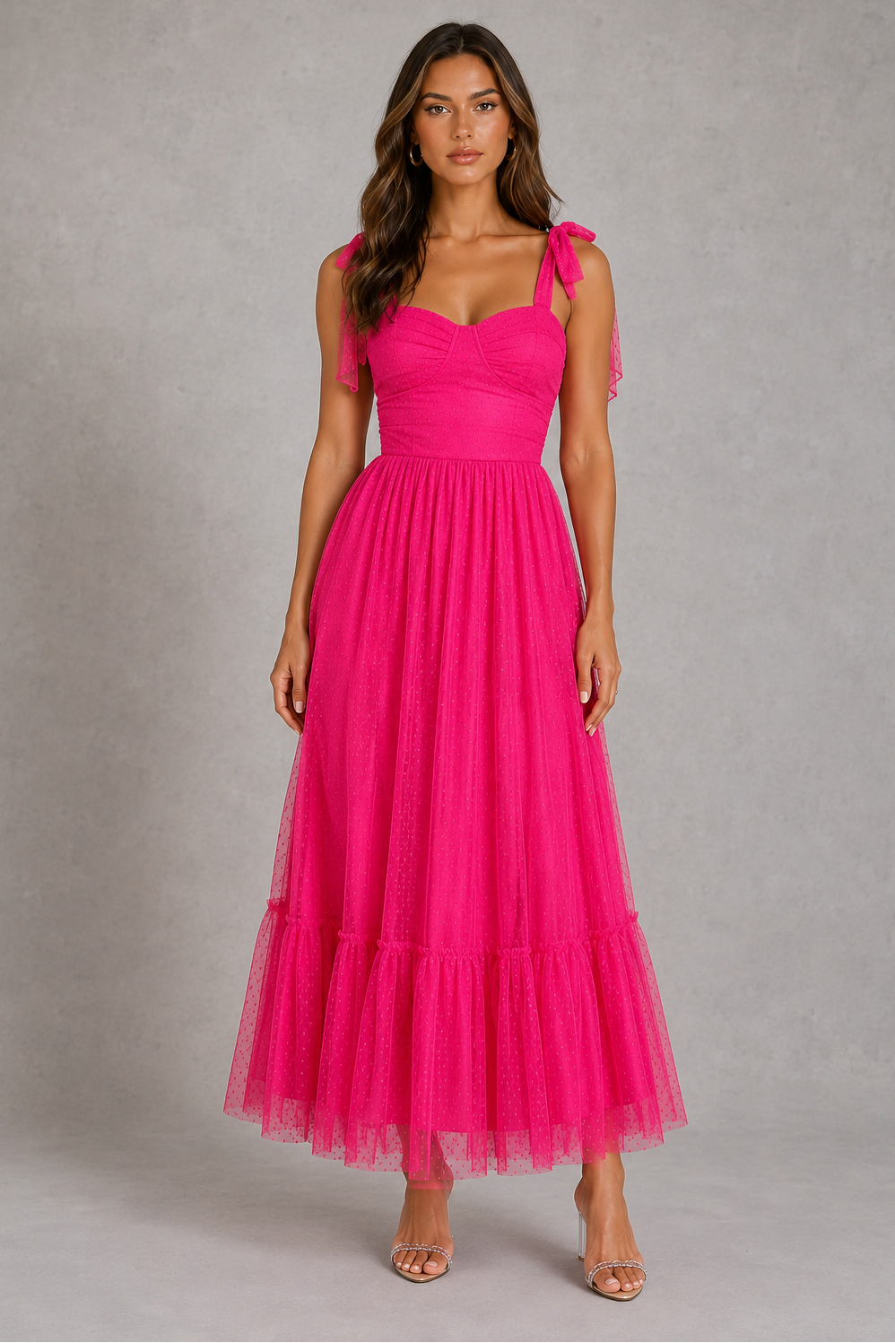 Women’s Mesh A-Line Maxi Gown with Flounce Hem for Formal & Evening Wear