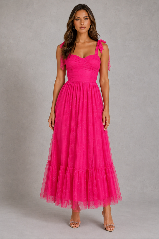 Women’s Mesh A-Line Maxi Gown with Flounce Hem for Formal & Evening Wear