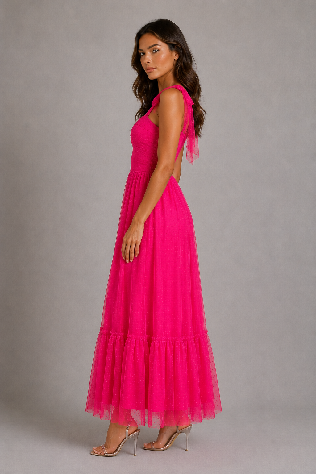 Women’s Mesh A-Line Maxi Gown with Flounce Hem for Formal & Evening Wear