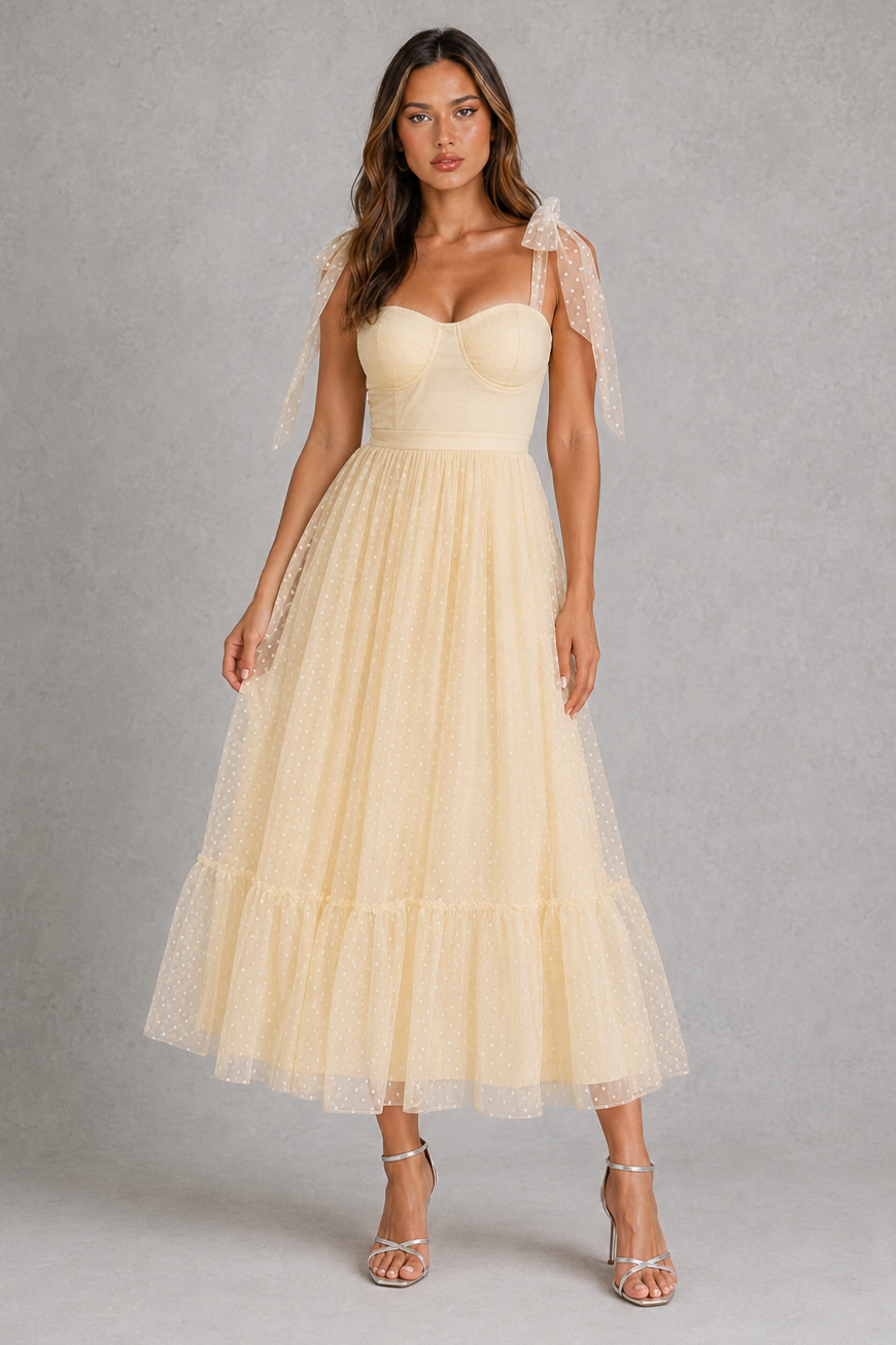 Women’s Mesh A-Line Maxi Gown with Flounce Hem for Formal & Evening Wear