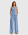 Women's sleeveless tailored waistcoat and wide-leg trousers co-ord set in breathable linen-look fabric with button-front detail and relaxed tailored fit.