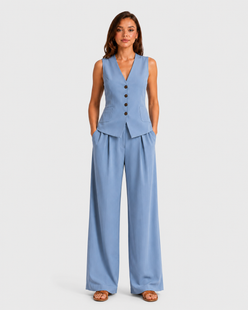 Women's sleeveless tailored waistcoat and wide-leg trousers co-ord set in breathable linen-look fabric with button-front detail and relaxed tailored fit.