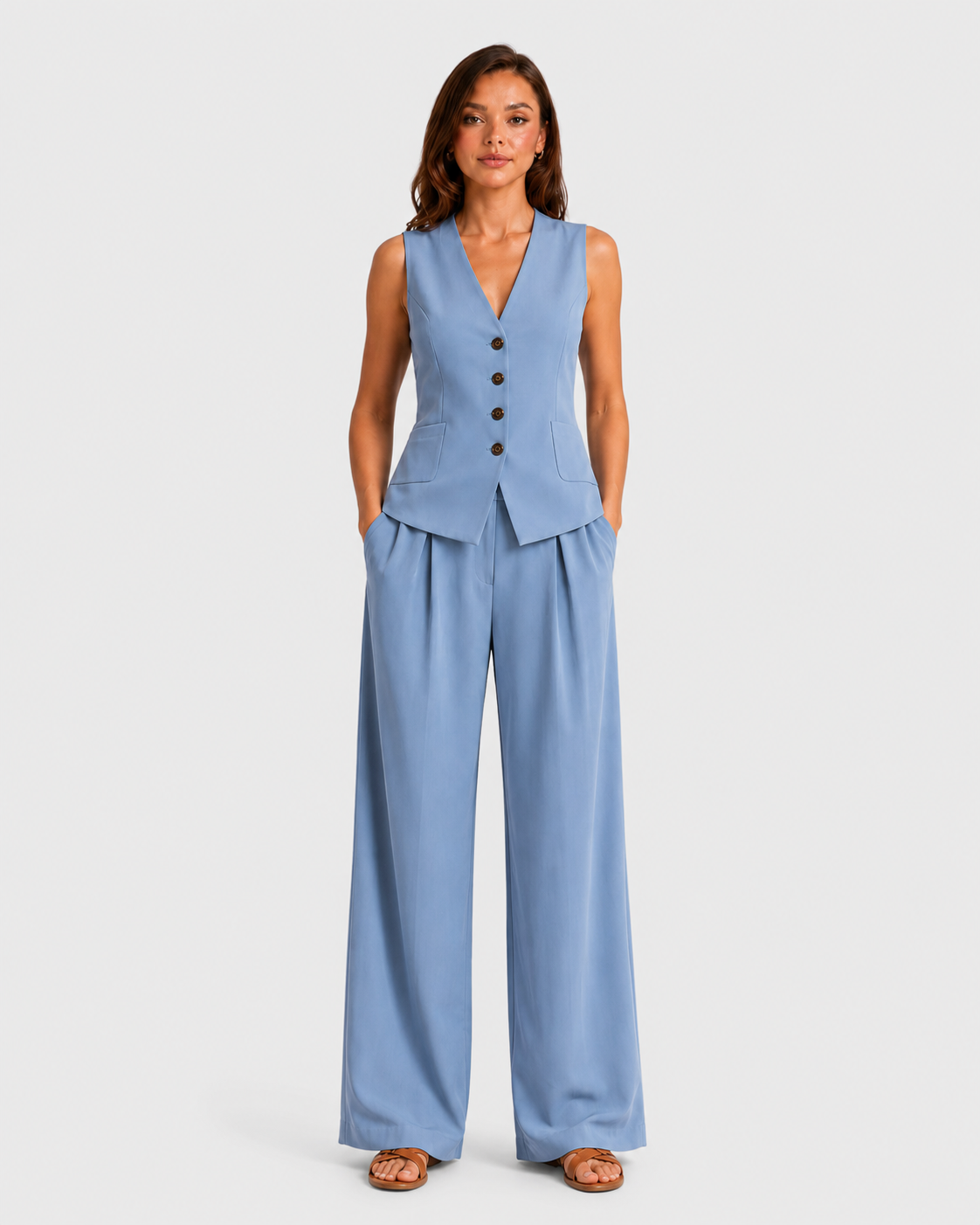 Women's sleeveless tailored waistcoat and wide-leg trousers co-ord set in breathable linen-look fabric with button-front detail and relaxed tailored fit.