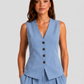 Women's sleeveless tailored waistcoat and wide-leg trousers co-ord set in breathable linen-look fabric with button-front detail and relaxed tailored fit.