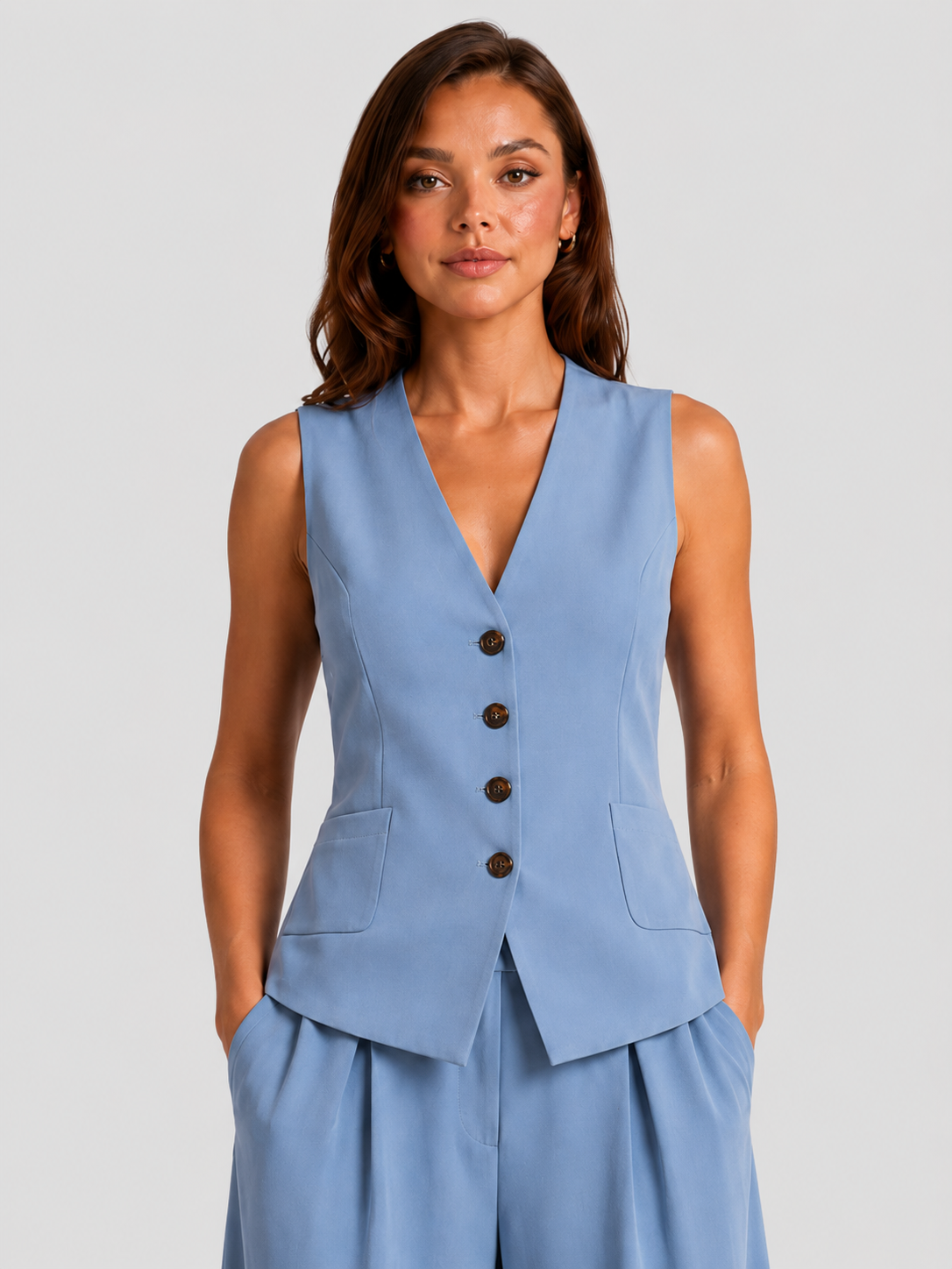 Women's sleeveless tailored waistcoat and wide-leg trousers co-ord set in breathable linen-look fabric with button-front detail and relaxed tailored fit.