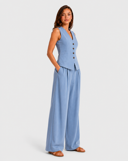 Women's sleeveless tailored waistcoat and wide-leg trousers co-ord set in breathable linen-look fabric with button-front detail and relaxed tailored fit.
