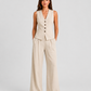 Women's sleeveless tailored waistcoat and wide-leg trousers co-ord set in breathable linen-look fabric with button-front detail and relaxed tailored fit.