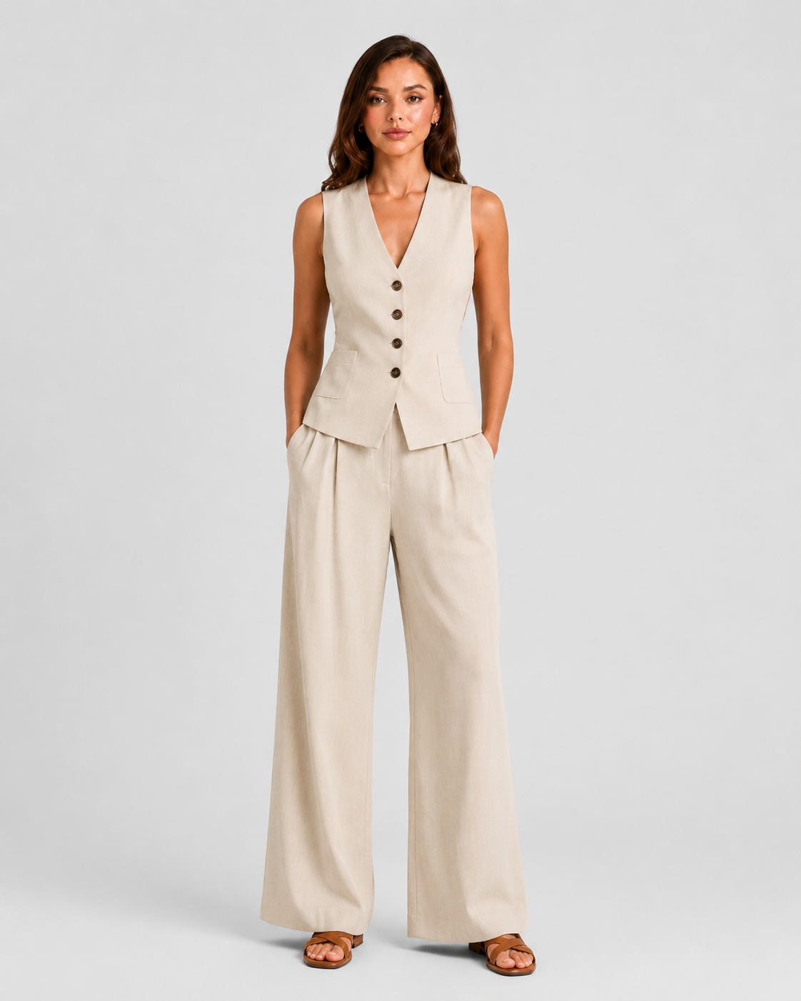 Women's sleeveless tailored waistcoat and wide-leg trousers co-ord set in breathable linen-look fabric with button-front detail and relaxed tailored fit.