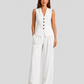 Women's sleeveless tailored waistcoat and wide-leg trousers co-ord set in breathable linen-look fabric with button-front detail and relaxed tailored fit.
