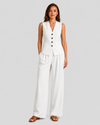 Women's sleeveless tailored waistcoat and wide-leg trousers co-ord set in breathable linen-look fabric with button-front detail and relaxed tailored fit.