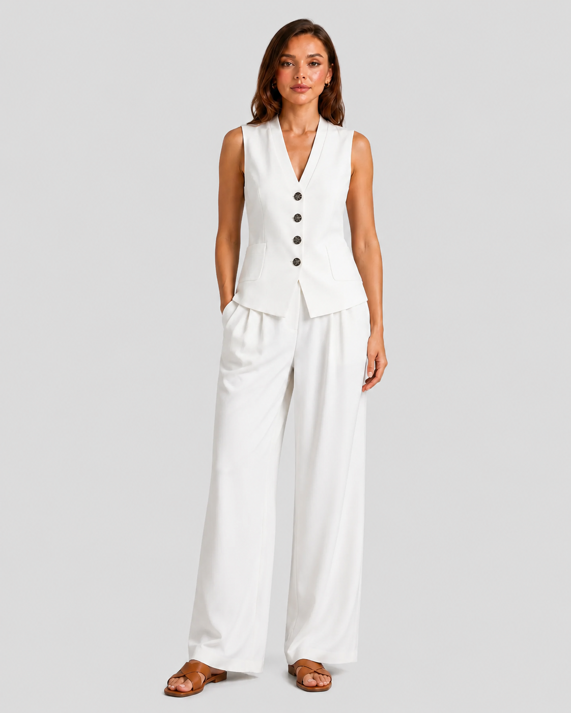 Women's sleeveless tailored waistcoat and wide-leg trousers co-ord set in breathable linen-look fabric with button-front detail and relaxed tailored fit.