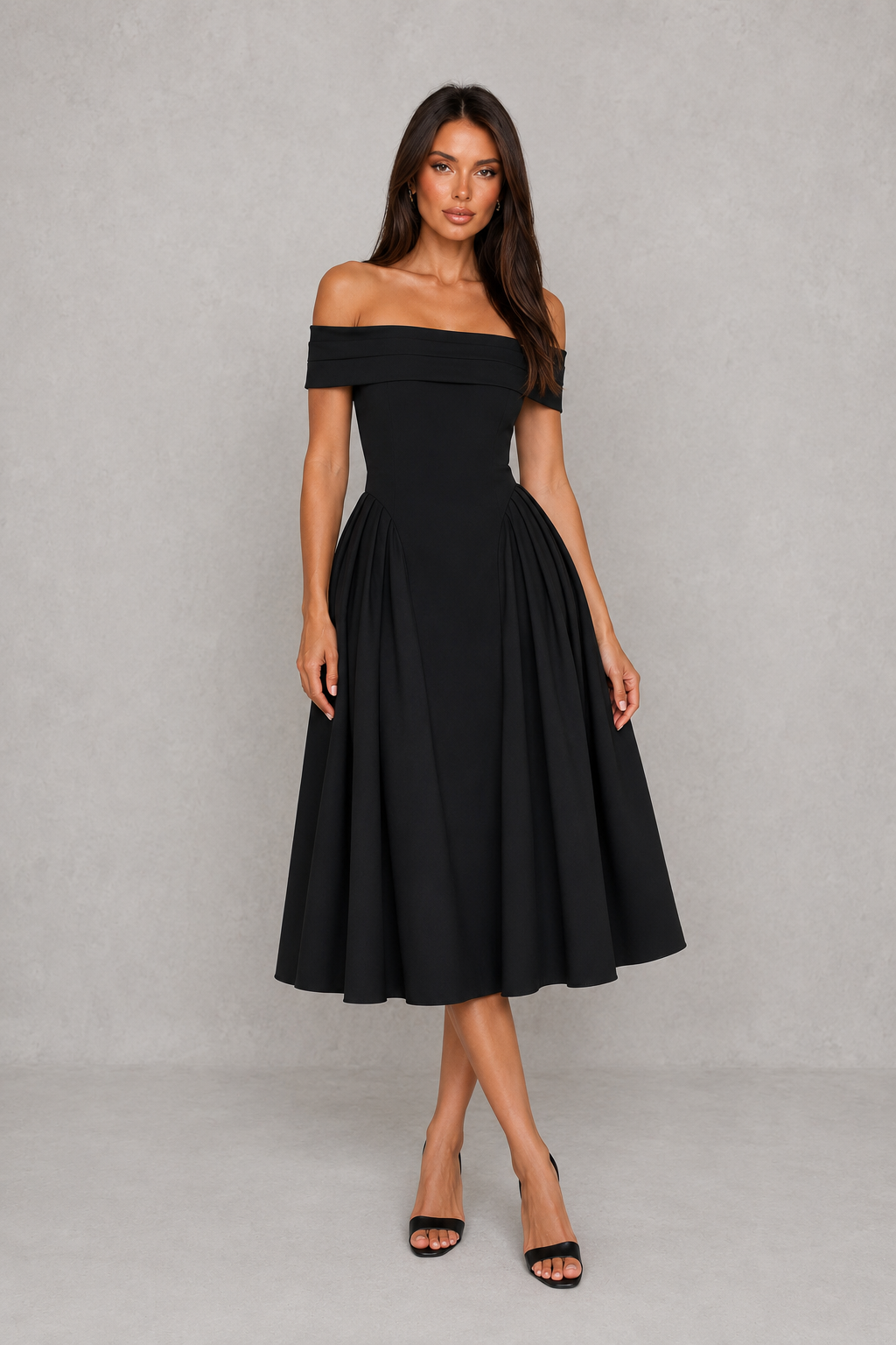 Women’s Off-Shoulder Pleated Midi Dress for Cocktail & Occasion Wear