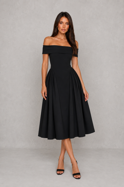 Women’s Off-Shoulder Pleated Midi Dress for Cocktail & Occasion Wear