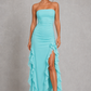 Women's off shoulder fitted midi dress with an elegant neckline, asymmetrical fringe hem, and figure-skimming silhouette, perfect for wedding guests, cocktail parties, evening events, and special occasions.