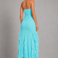Women's off shoulder fitted midi dress with an elegant neckline, asymmetrical fringe hem, and figure-skimming silhouette, perfect for wedding guests, cocktail parties, evening events, and special occasions.